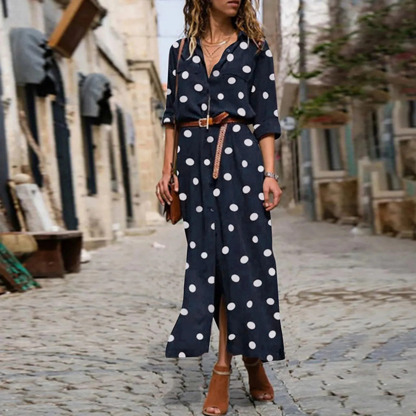 Polka Dot Print Maxi Polka Dot dress for Women - Perfect for Beach Vacation, Casual Wear, and Plus Size Robe with Button Detailing and Tassel Polka Dot Print Maxi Polka Dot dress for Women - Perfect for Beach Vacation, Casual Wear, and Plus Size Robe with Button Detailing and Tassel