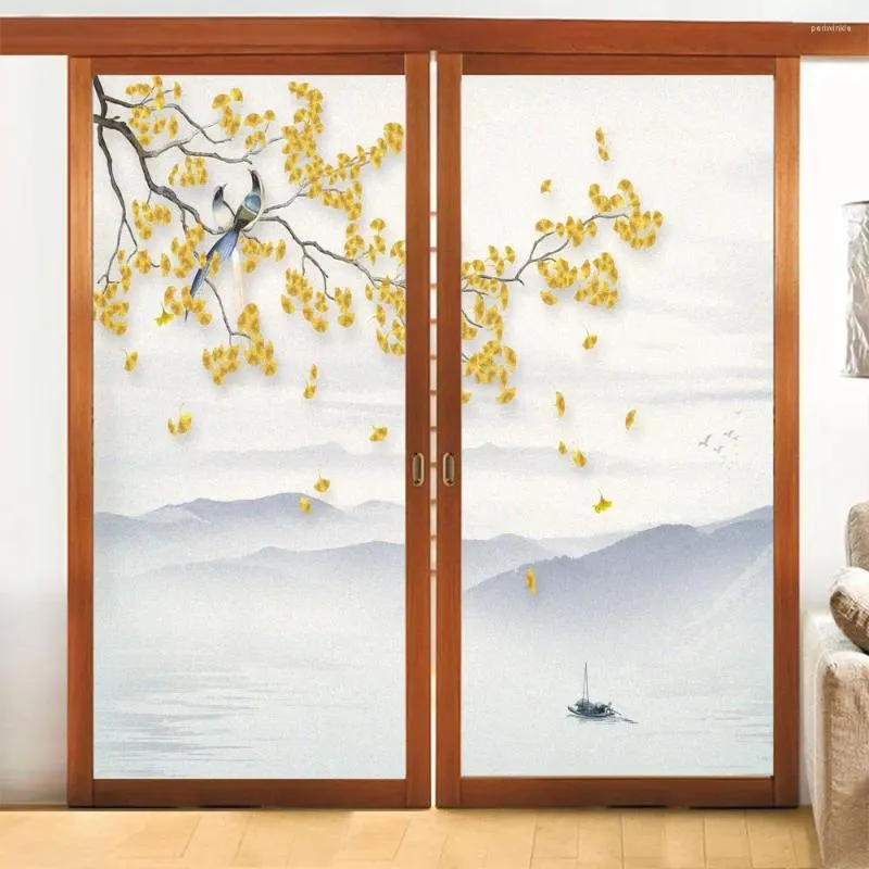 Window Stickers Privacy Glass Film Landscape Of Flowers And Birds Pattern Frosted Door Sun Blocking Glue-Free Sticker