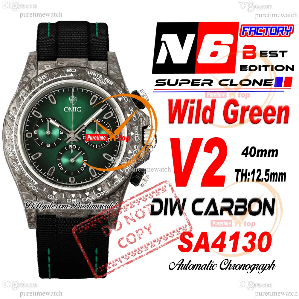 Diw Emerald Carbon SA4130 Cronografo automatico Mens orologio N6F V2 Dial di Nylon Black Nylon Strap Super Edition Same Seriale Scheda Seriale Puretime RELOJ HOMBRE PTRX