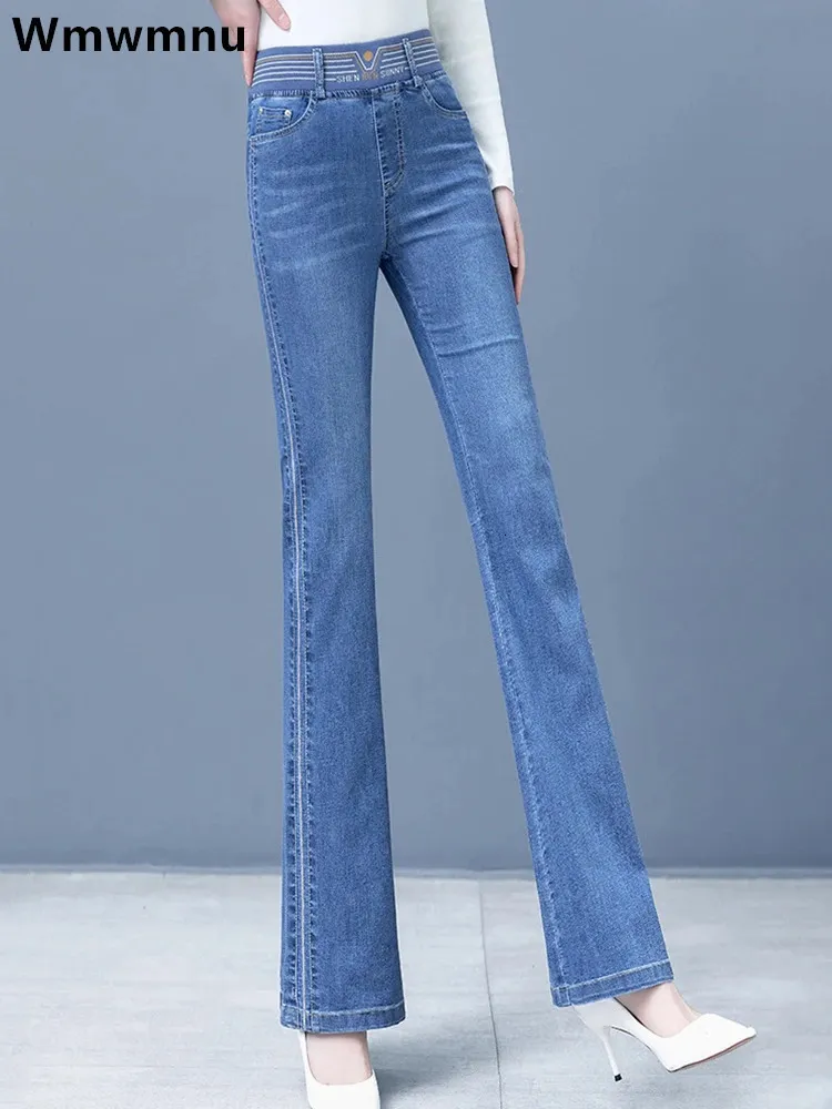 Hög midja flare jeans för kvinnor avslappnad broderad smal denim byxa vår höst pantalones koreansk sträcka rak vaqueros 240403