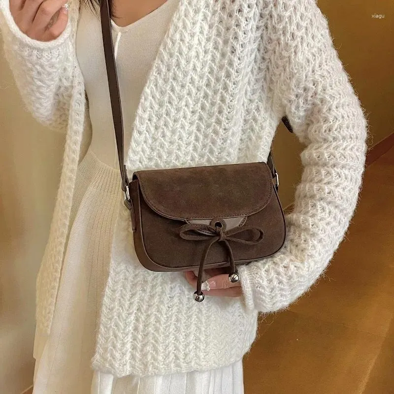 DrawString Xiuya Brown Vintage Shoulder Bag For Women Simple Fashion Casual Square Korean Handbag Luxury Elegant Aesthetic Påsar