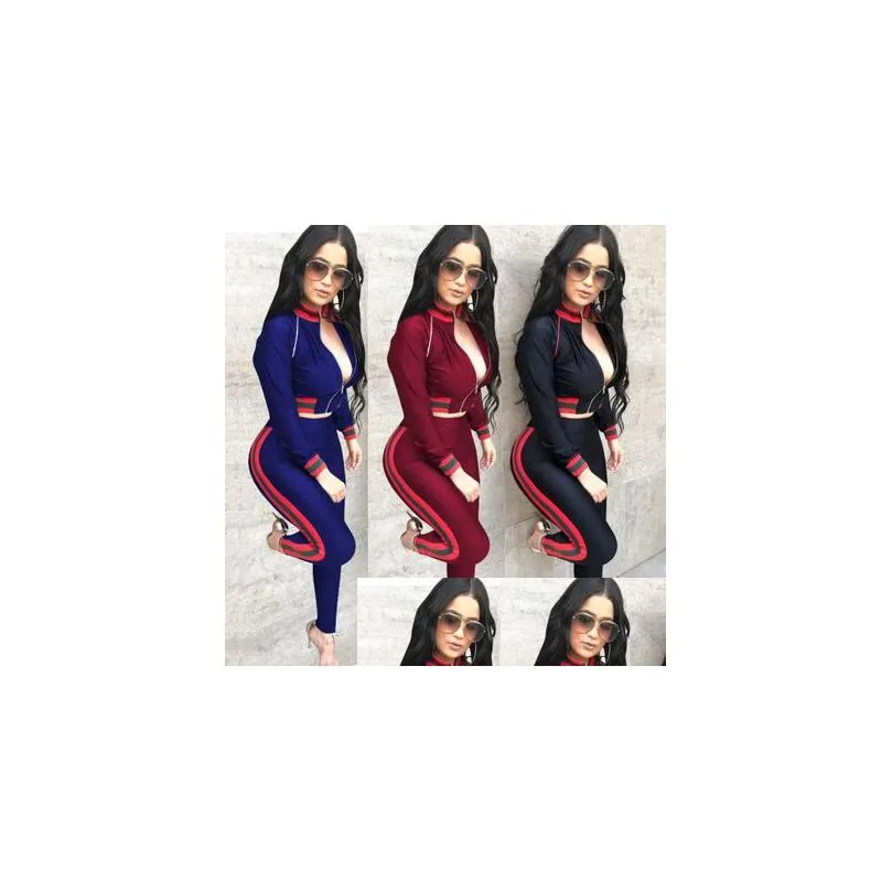 Kobiety Jumpsuits Rompers Womens Sports Tracksuit 3 Kolor Night Club y Stripe Printed Tracksuits Solidne kobiety długie rękawowe upuszczenie Dhyf7