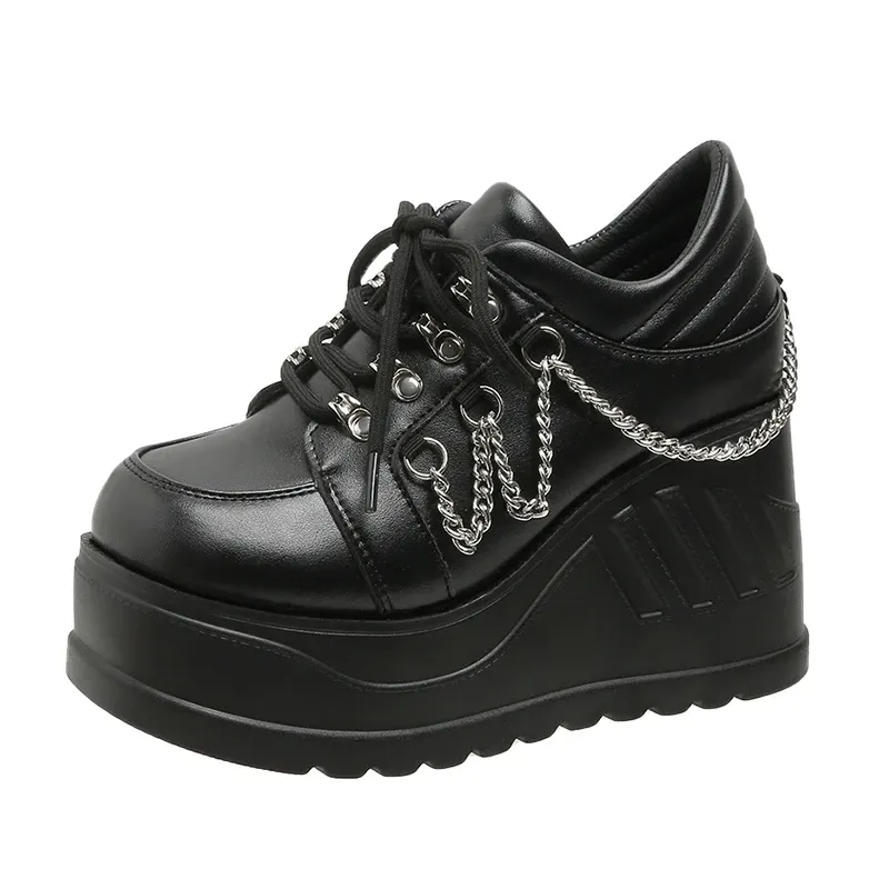 Pompe Piattaforma del marchio High Weighges Pompe da donna Sneaker Casual in stile gotico Punk allacciato a catena nera Scarpe da donna