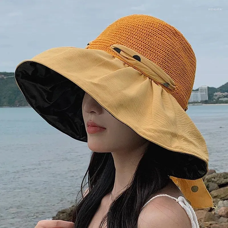 Szerokie brzegowe czapki Summer For Women Beach Hat Kobiet filtrowy Fisherman Cap Kot Bow Ladies Składane Sunhat UV Ochrona Gorros