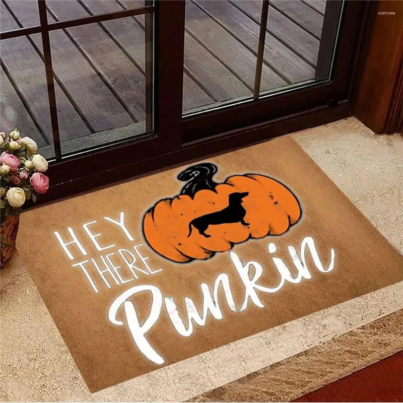 Tapijten hx Halloween Welcome Matten Teckshund Hey daar Pumpkin deurmat Dier 3D Gedrukt Tapijt Flanel Buiten vloer Tapijtrup