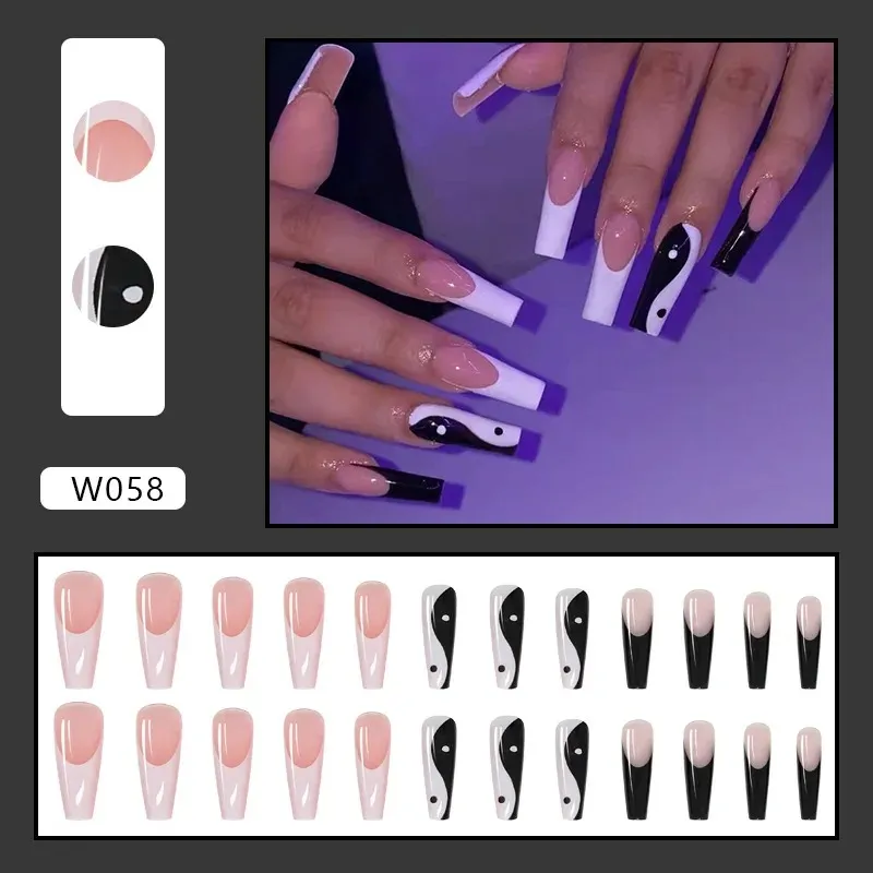 Nieuwe 2024 24 -stcs/doos Lange kist valse nagels met witte zwarte Taichi Design Ballerina Fake Nail Patches Druk op nagels manicure nagel tips1.