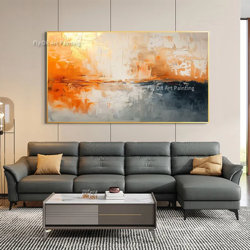 ミニマリストの大きな100％手作りの抽象油絵オレンジ色のキャンバス絵画灰色のテクスチャ抽象絵画リビングルームの寝室の装飾のための黒と白の壁アート