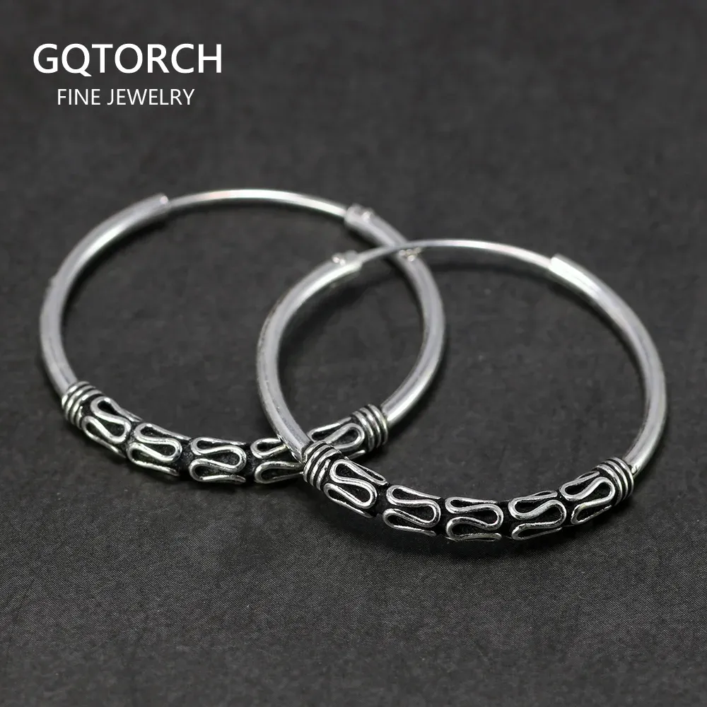 Boucles d'oreilles authentiques 925 Boucles d'oreilles en argent sterling avec lignes de paix 30 mm Big Circle cerceau de boucle d'oreille rétro thaï argent brincos 2019