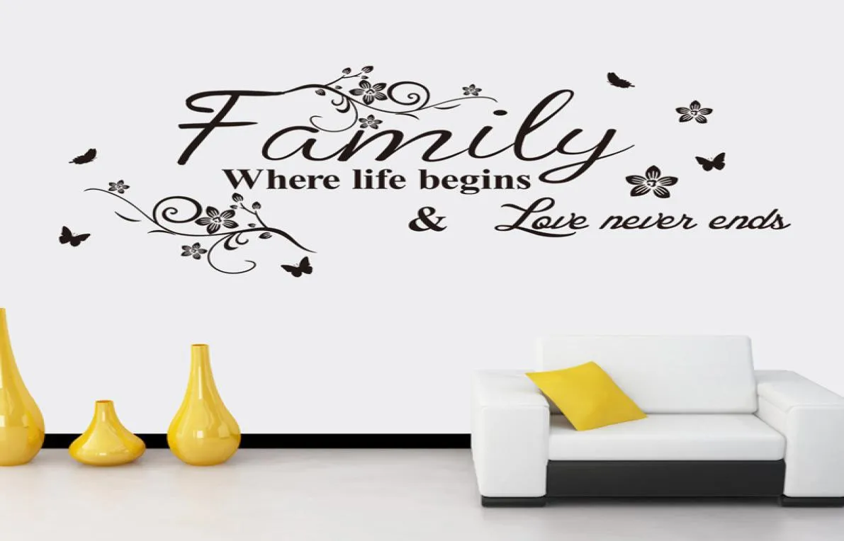 Black Flower Family Where Life Begins Love Never Ends Wall Quote Decal Sticker English Saying Flower Rattan Art Mural Living Room 3717934