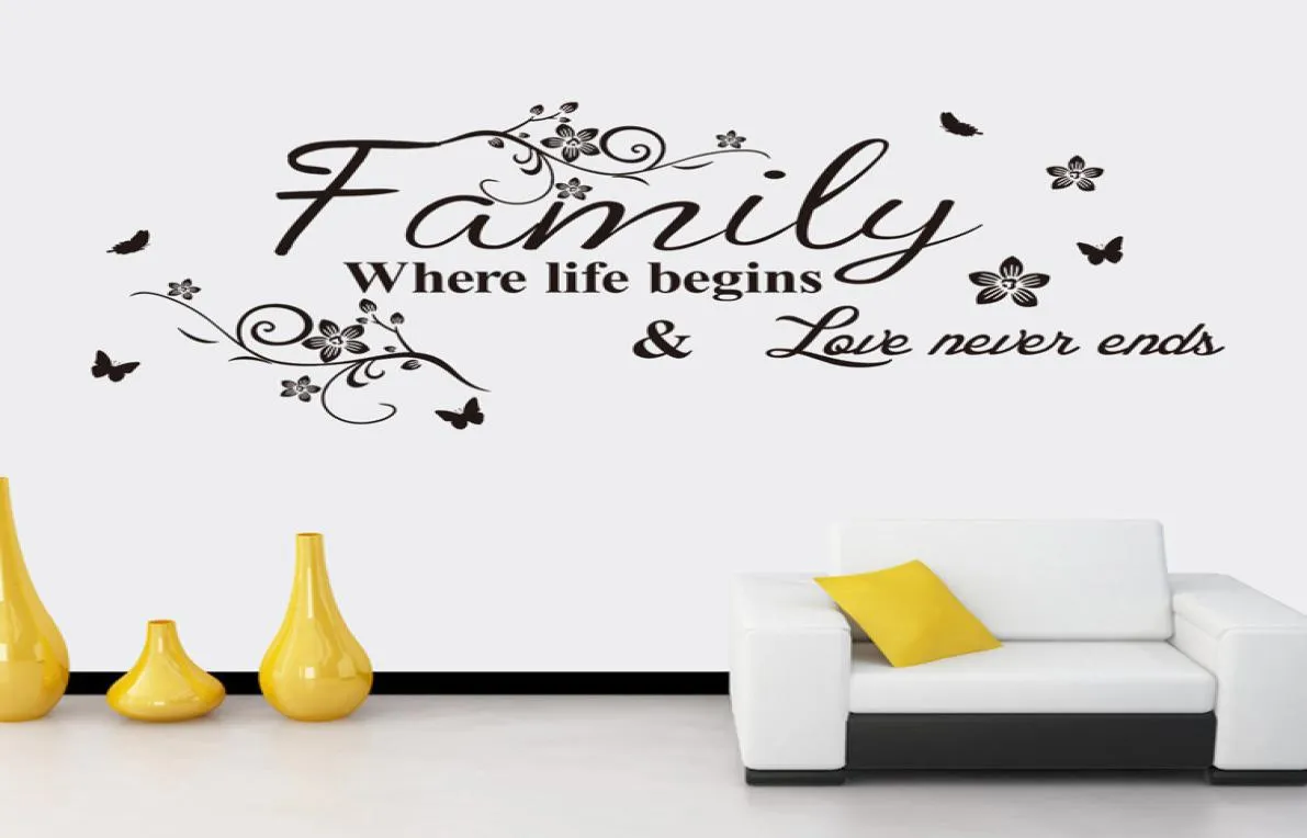 Famille de fleurs noires où la vie commence l'amour ne finit jamais mur citation autocollant anglais disant fleur rotin Art Mural salon 3717934