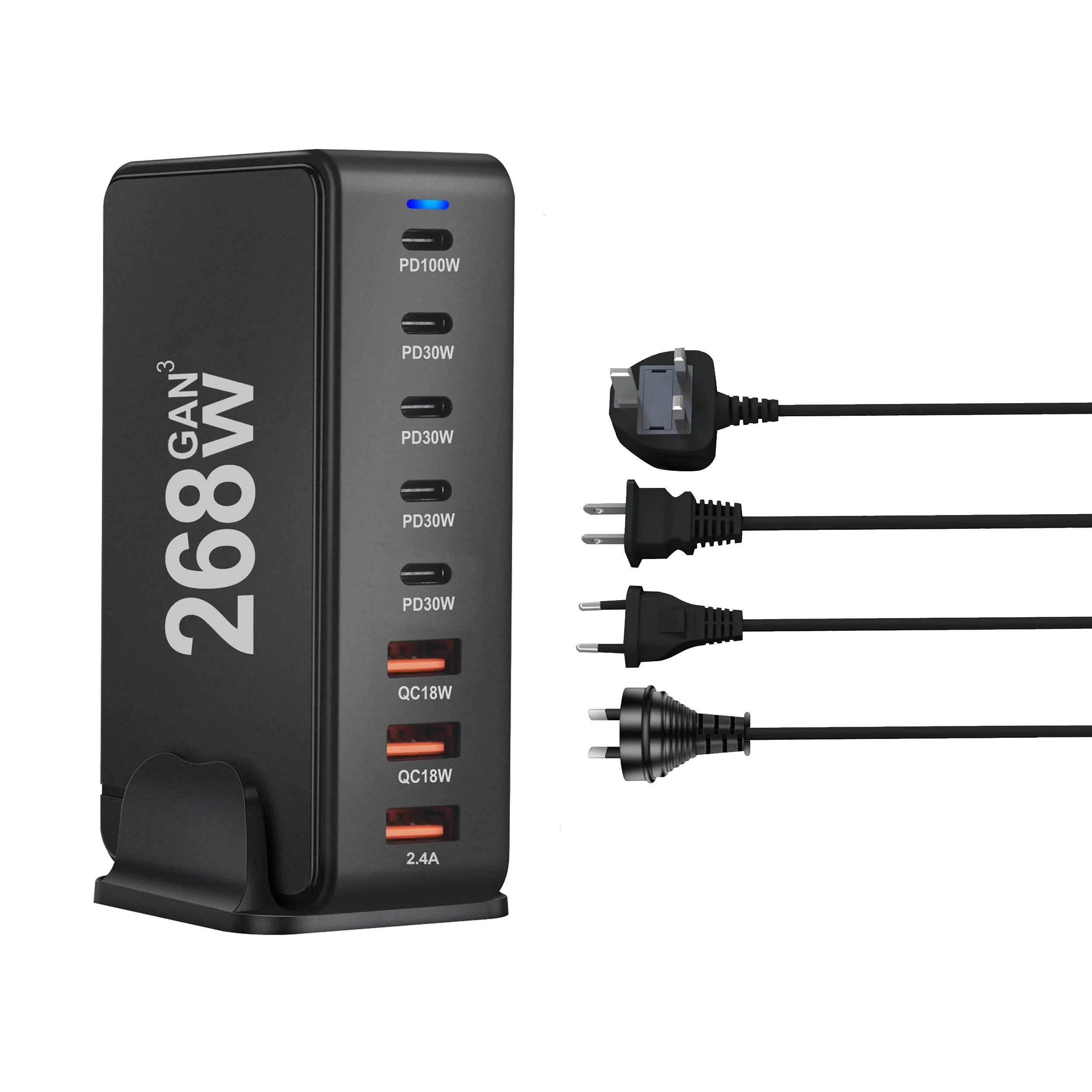Chargeur USB C GaN 268W – 8 Ports, Voyageur, Rapide, Noir, NEUF