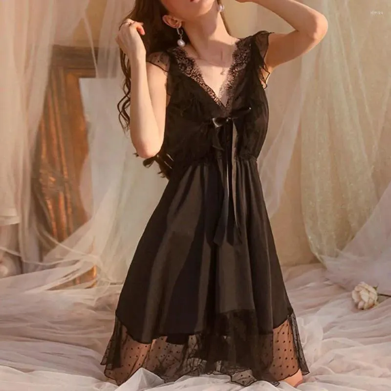 Женская одежда для сна, женщина ночная рубашка с двойной ручкой сетчатой сетка, атласная длина колена без спины.