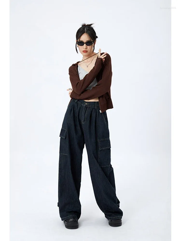 Jeans pour femmes femmes harajuku cargo baggy streetwear blue hip hop oversize la jambe large conception rétro de conception demin pantalon lâche y2k