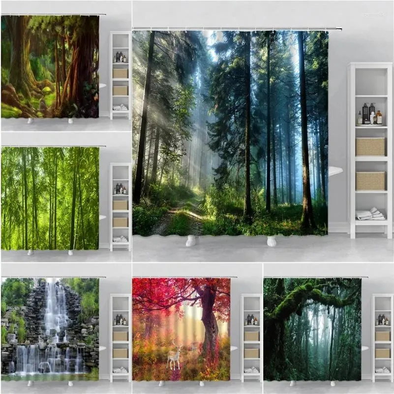 Tende per doccia foresta tende paesaggistica Sunshine Waterfall Green Bamboo Mist Mungle Autunno Scenery Baglie da bagno Ganci per decorazioni da bagno