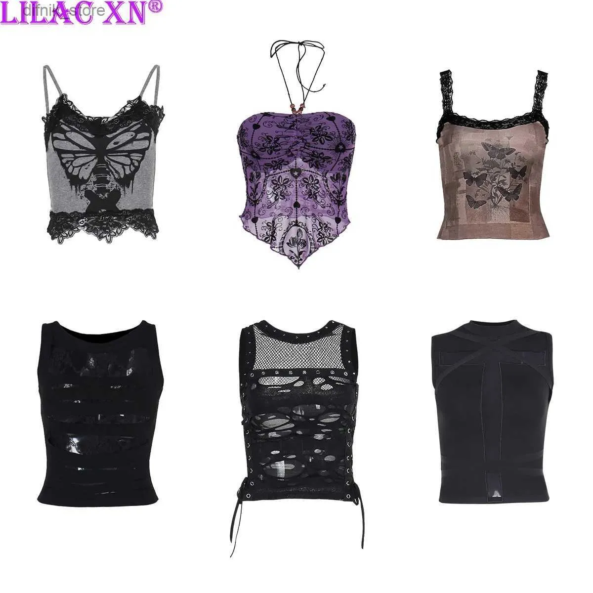 Tanks pour femmes camis y2k goth papillon imprimé corset tops maille en dentelle sexy