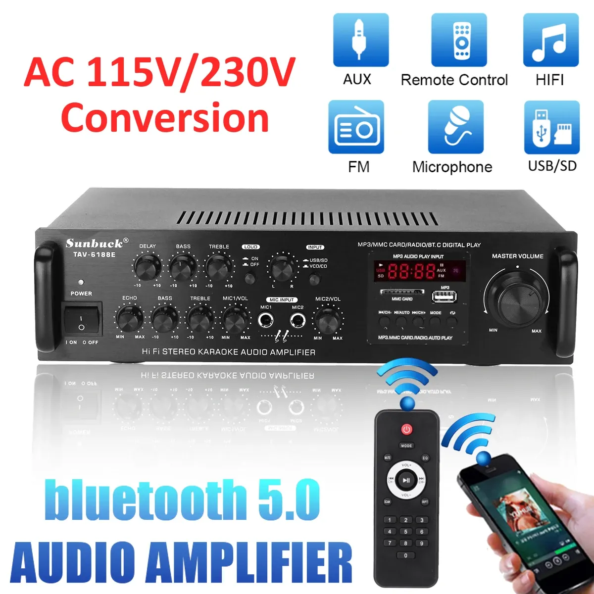 S 2000W HIFI 5CH AUDIO AUDIO DE ÁUDIO AMPLIFICADOR DE POWER POWER Bluetooth FM Radio Home Theater Amplifiers Sistema de som de músicas