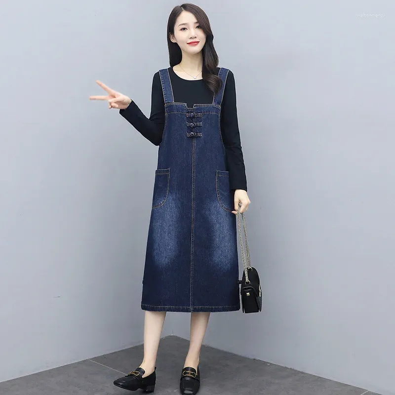 Robes décontractées robe en jean femme 2024 rétro mode printemps automne vêtements coréens sur la sangle au genou robes pour femmes