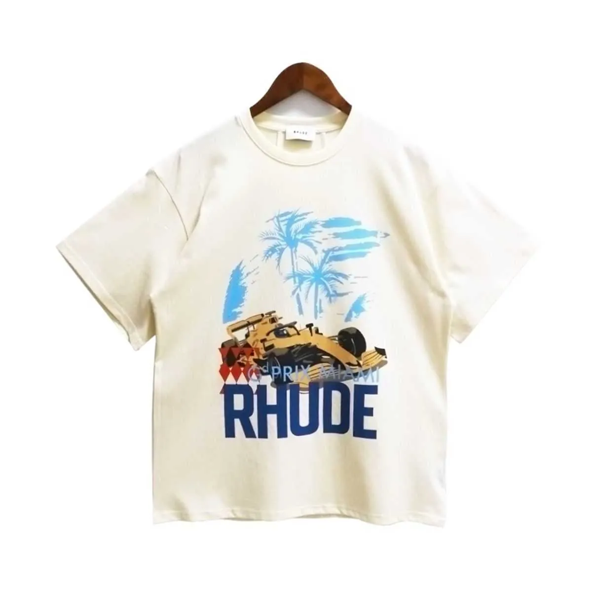 Tik Tok Influencer hetzelfde designermerk Pure Cotton Rhude Summer Nieuwe Mens American Fashion Brand Oversize Coconut Racing Letter T-Shirt Trendy