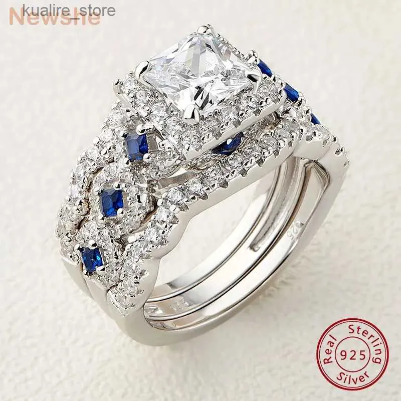 Cluster Rings Newshe 3 Pcs Wedding Rings Set for Women 925 Silver 2.6Ct Princess Cut White Blue AAAAA CZ Luxury Bridal Engagement Jewelry L240402