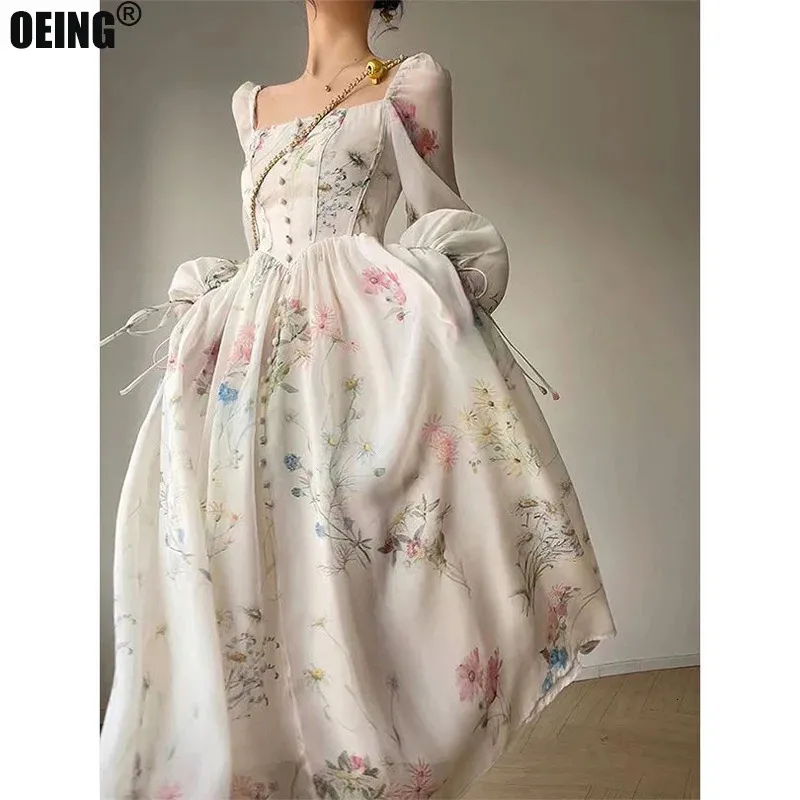 korean floral maxi dress Korean Style Floral Chiffon Evening Party White flowy dress - Long Sleeve Beach Midi Fairy White flowy dress for Summer 2023