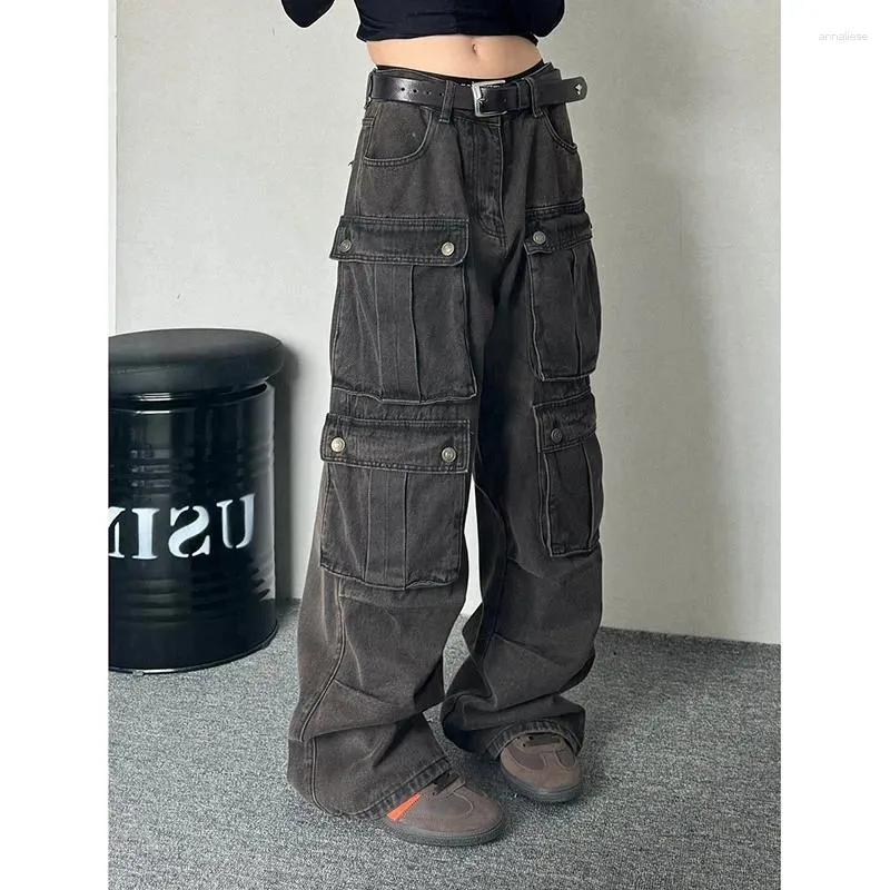 Jeans pour femmes Noir Baggy Cargo Vintage Coréen Y2k Denim Pantalon Harajuku 90s Taille Haute Cowboy Pantalon 2000s Trash Vêtements 2024