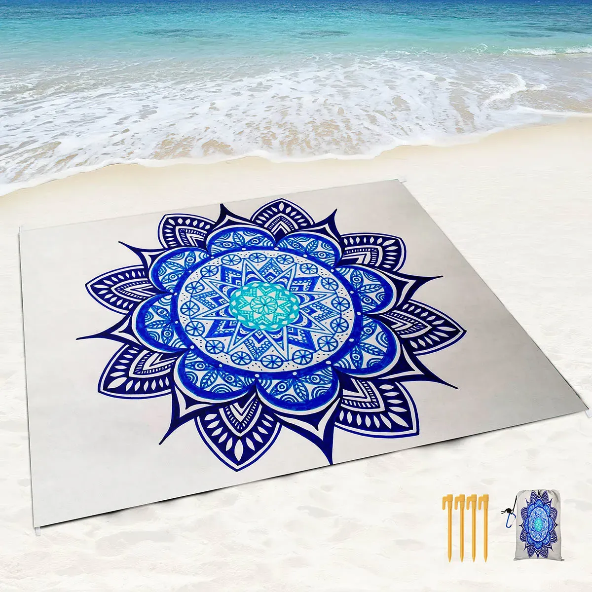 Tappetino a prova di spiaggia a prova di sabbia tappetino tappetino ad acqua con tasche angolari e borsa a rete per spiaggia, viaggi, campeggio, bellissima mandala blu tranquilla