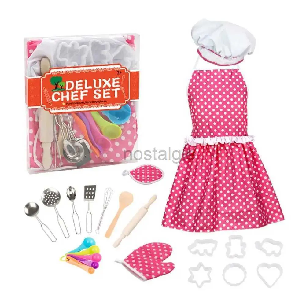 Kitchens Play Food 22Pcs/Set Girl Kids Cooking Apron Baking Set Chef Hat Mitt Utensil for Toddler Dress Up Chef Costume Role Play House Toy 2443