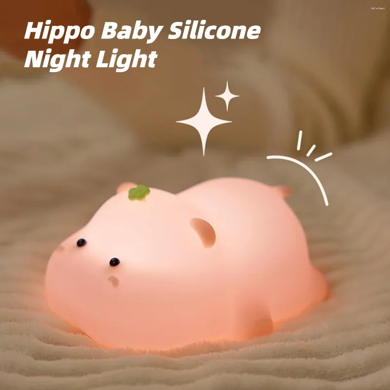 Nattlampor LED Hippo Cartoon Cute Animals Silicone Lamp uppladdningsbar USB Barn födelsedagspresenter Ögonskyddsdekor Lampor