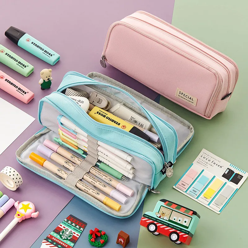 DHgate Children Pencil Case Large Canvas Pencil Bag Stationery Organizer Storage for Boys Girls Teens Contrast Color Pen Pouch for 2024 School Supplies Office School Business Industrial