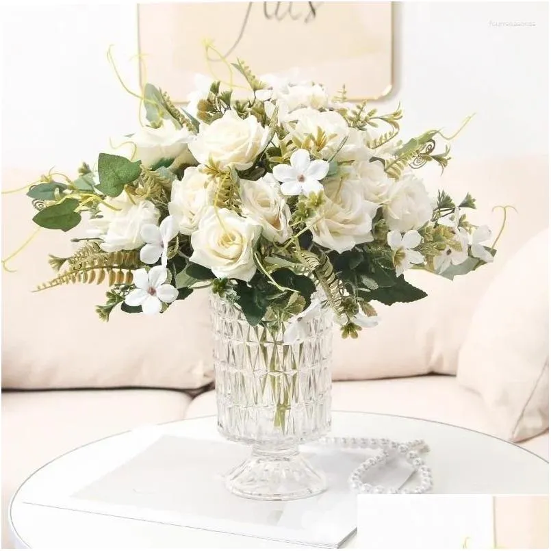 装飾的な花の花輪シミュレーションシルドカールカールエッジローズブーケホームベッドルームデコレーション人工花ホワイトローズドロップOT6XS