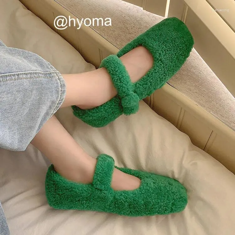 Casual Shoes Fashion Green Lambhair Kvinnor grunt lägenheter fyrkantiga tå rem loafers aprikos varm plysch vintermockasin svarta rovdjur