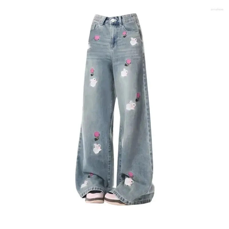 Jeans da donna Blu Baggy Harajuku Pantaloni in denim con ricamo estetico Y2k Pantaloni jeans larghi oversize Abiti trash vintage anni 2000