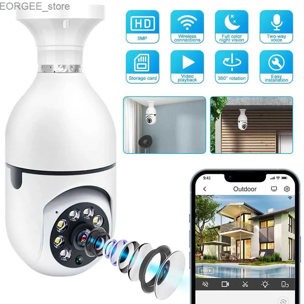 Andra CCTV -kameror E27 -glödlampa 5MP -kameror WiFi Surveillance Video Monitor Night Vision Full Color Human Tracking 4x Zoom Wireless Security Protection Y240403