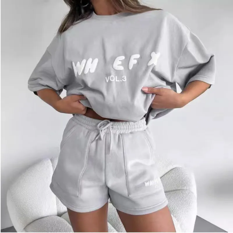 Camiseta de grife mulher branca Foxx set tracksuit inglês letras camiseta Uma nova elegante cilindros de camisetas de duas peças de roupas esportivas
