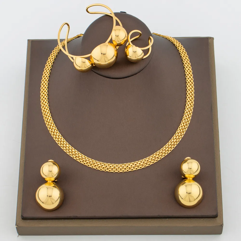24K Gold Plated African Bead Jewelry Set - Necklace & Earrings, Brass With Zircon