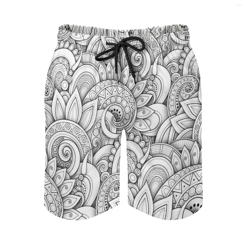 Mäns shorts monokrom sömlöst mönster med blommor motiv strand 3D trycker lös surfbräda strandkläder