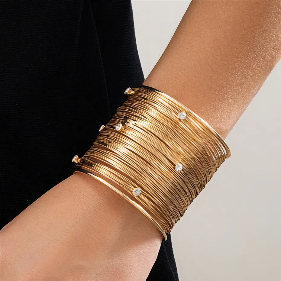 Multilayer Metal Wire Cuff Bracelet with Rhinestone for Women and