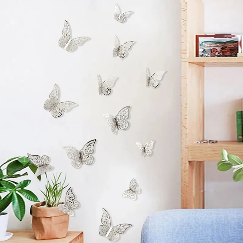 12 datorer3D väggklistermärken ihålig fjäril för barnrum hemväggsdekor diy mariposas kyl klistermärken rum dekoration