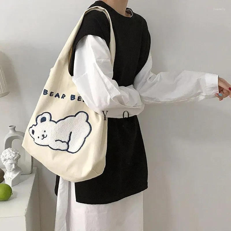 バッグの女性かわいいベアショルダーシンプルなキャンバスハンドバッグトート刺繍デザイン書籍バッグバッグ布布のショッピングレディース