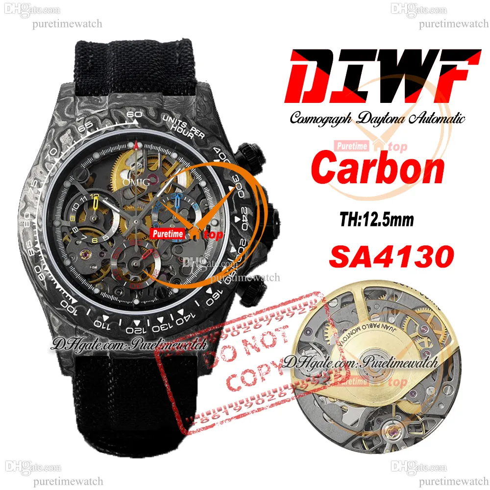 DIW Carbon SA4130 Automatische chronograaf Heren Work Diwf Skelet geel goud Arabische wijzerplaat Zwarte nylon band super editie dezelfde seriële kaart puretime reloj ptrx