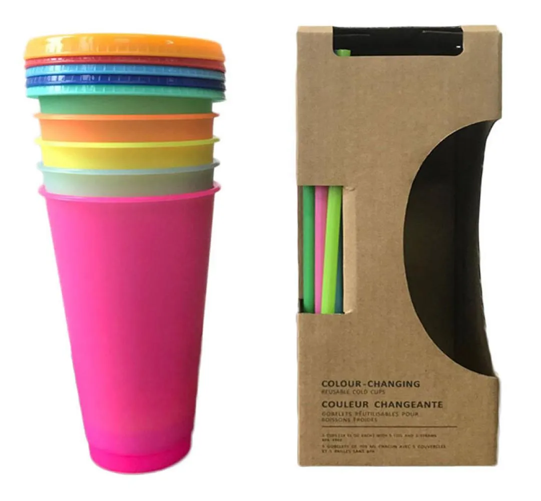 5pcs 24oz Reusable Tumblers Color Changing Cold Cups Summer Magic Plastic Coffee Mugs Water Bottles With Straws Set For Family fri7892227