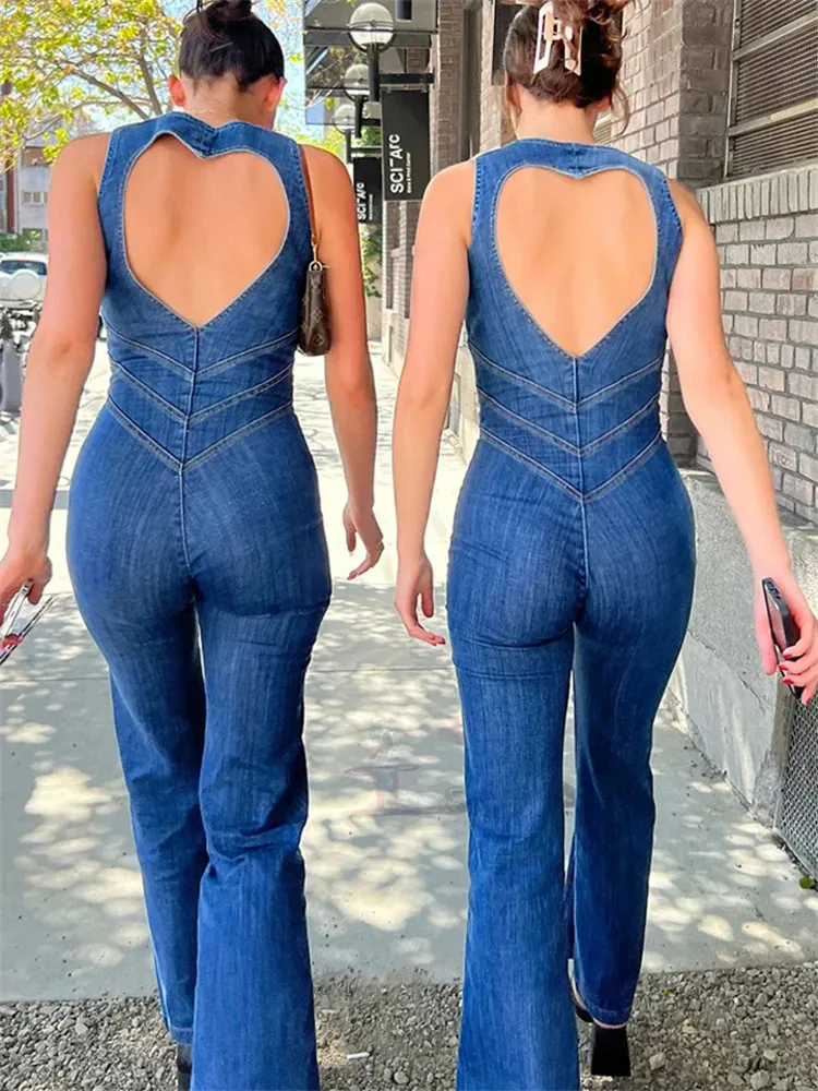 Taruxy backless hjärtutskärning Bodycon jumpsuit för kvinnor casual ärmlös smal en stycke kläder retro denim jumpsuits 240320