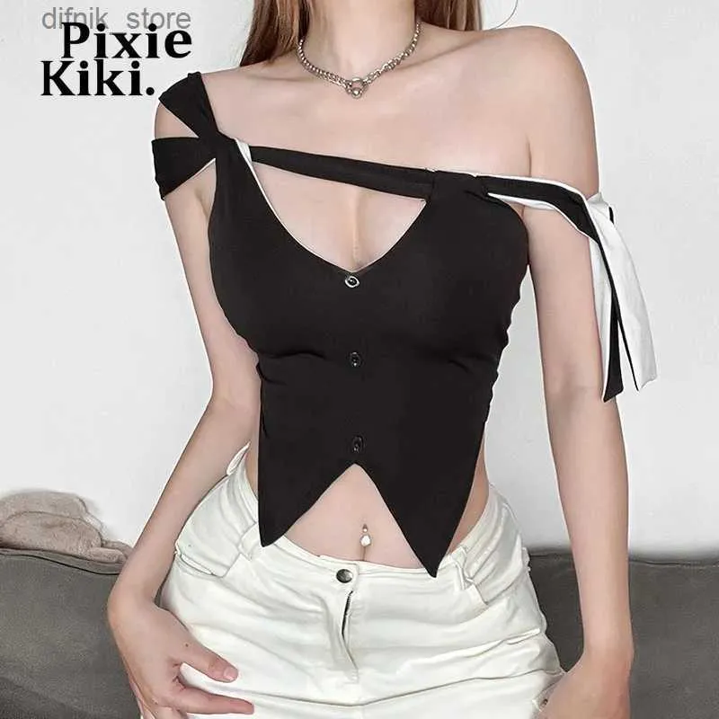 Tanks pour femmes Camis Pixiekiki Asymétriques Crops Tops une épaule découpée en arrière noire sans dos