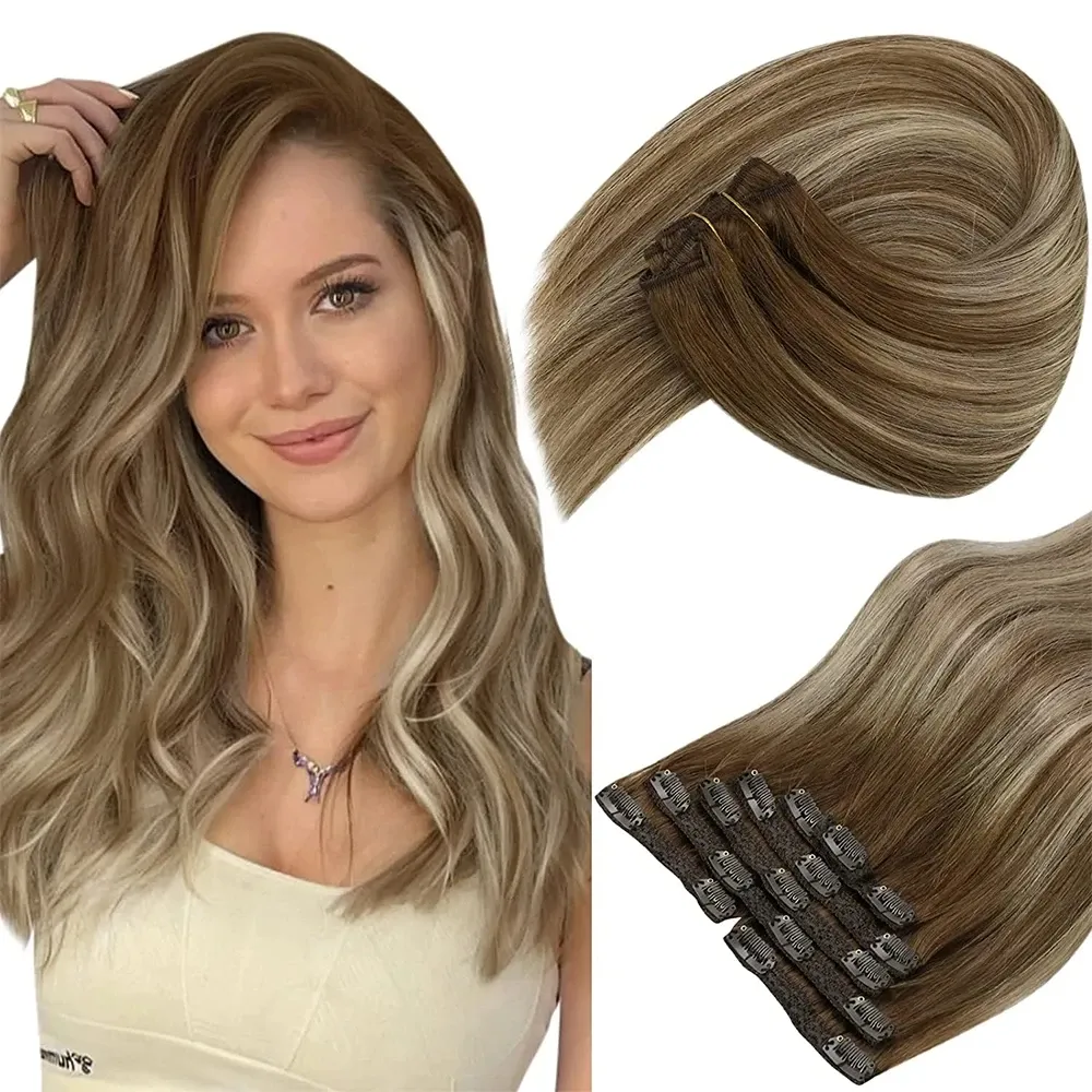 Extensions VeSunny Clip in Hair Extensions Human Hair Balayage Human Hair Extensions 1024inch Natural Extension Hair Clip For Women