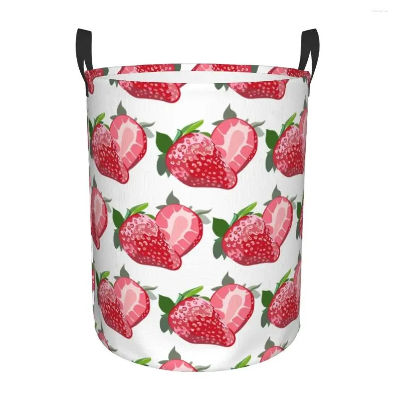 Sacs à linge Panier de pliage Panneau de fraise Round Rangement Bin Grand Hamper Organisateur de seau de jouets à vêtements pliables