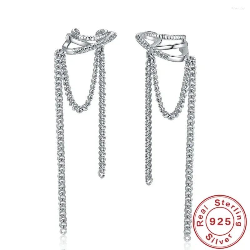 Stud Earrings 925 Sterling Silver 2-layer Crystal Long Tassel No-piecing Clip For Women Wedding Engagement Party Jewelry Gifts