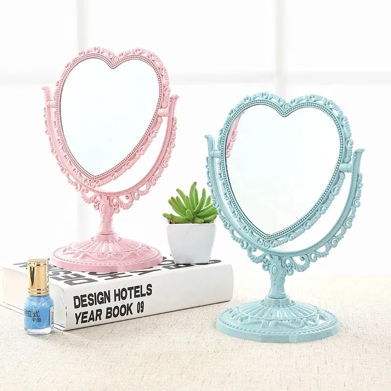 Heart Shaped Makeup Mirror Vintage European Style Acrylic Single Side Makeup Mirror 360 Degree Swivel Desktop Makeup Tools