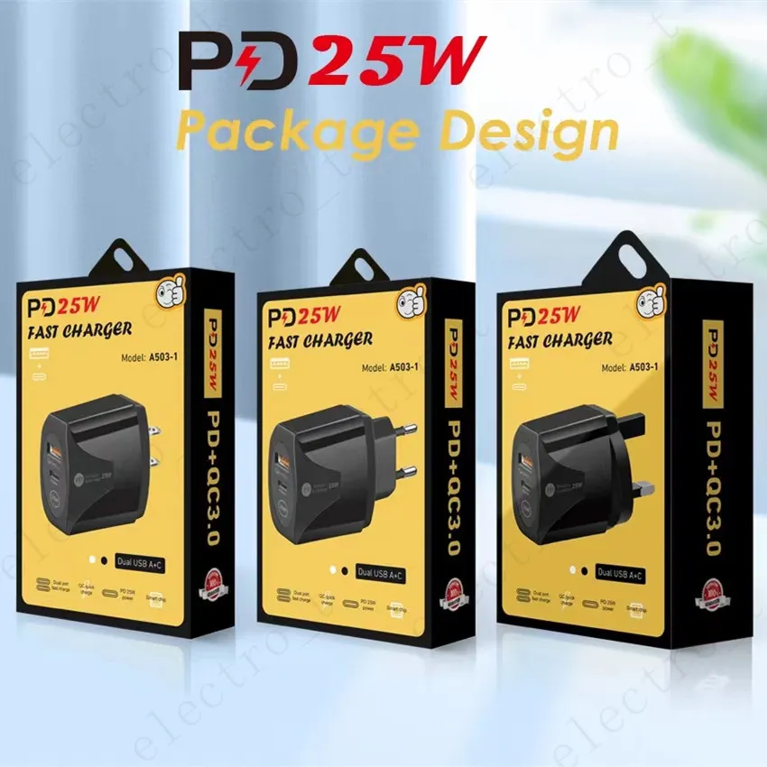 25W شاحن سريع PD Type-C النوع C و QC3.0 USB شحن الجدار السريع مع الولايات المتحدة في المملكة المتحدة المكونات للهاتف المحمول