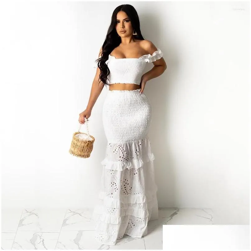 Werkjurken Zomer Women Outfits Witte Maxi Lange rok Tweedelige set Crop Tops Fishtail Lace Hollow High Taille Y Party Matching Drop Dh5av