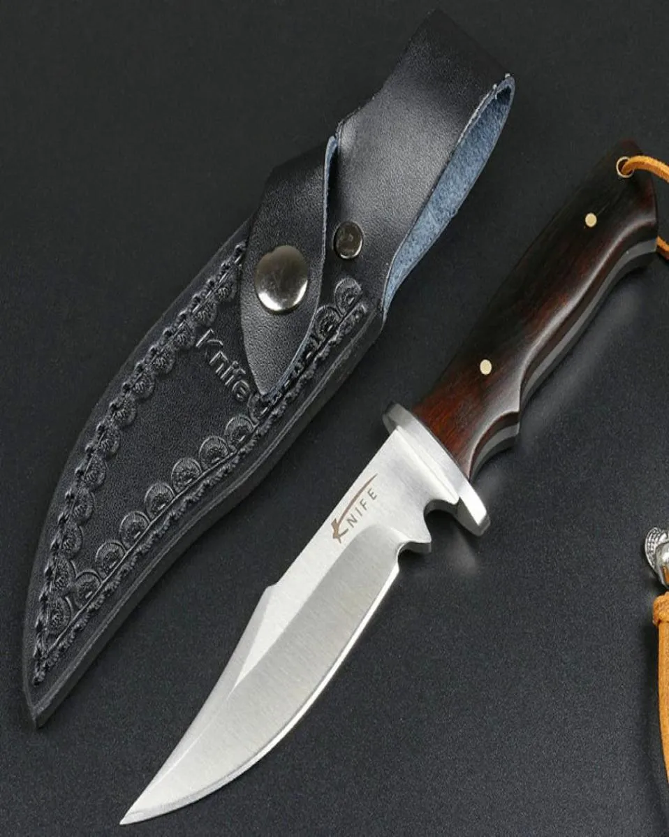 New Arrival Small Survival Straight Hunting Knife 440C Satin Bowie Blade Full Tang Ebony Handle Fixed Blade Knives With Leather Sh4680209